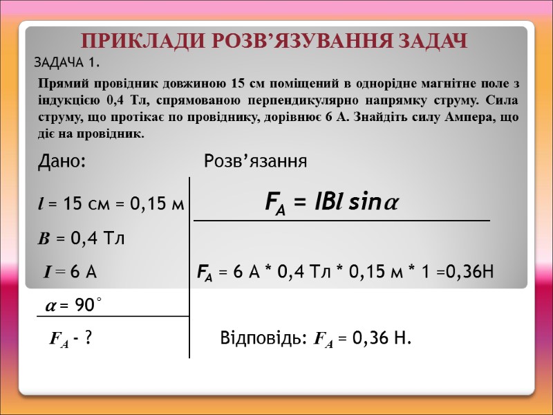 Дано:   Розв’язання l = 15 см = 0,15 м   FA